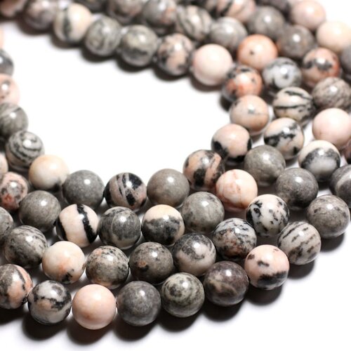 Fil 39cm - perles de pierre - jaspe grise et rose boules 12mm