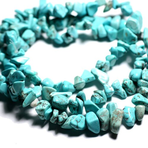 Fil 89cm 145pc env - perles de pierre - turquoise synthèse grosses rocailles chips 6-16mm