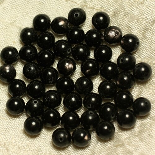 Fil 39cm 68pc env - perles de pierre - hypersthène noire argentée boules 5-6mm