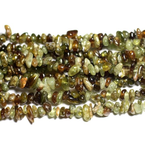 Fil 84cm 300pc environ - perles pierre - grenat vert rocailles chips 4-10mm vert kaki marron