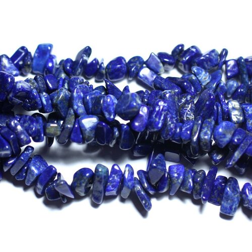 Fil 80cm 240pc environ - perles pierre - lapis lazuli rocailles chips 4-12mm bleu roi nuit doré