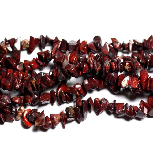 Fil 89cm 280pc env - perles de pierre - jaspe rouge poppy rocailles chips 5-10mm