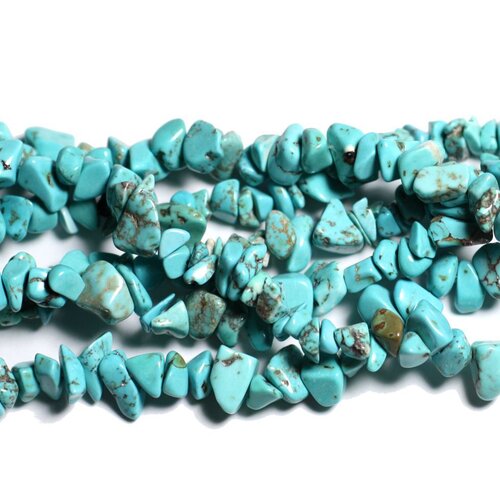 Fil 89cm 240pc env - perles de pierre - turquoise synthèse rocailles chips 5-10mm bleu