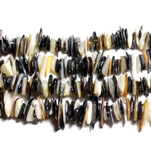 Fil 89cm 400pc env - perles nacre blanche et noire - rocailles chips palets 8-20mm