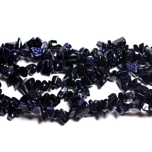 Fil 85cm 280pc env - perles pierre soleil synthese galaxy rocailles chips 5-10mm bleu noir paillettes scintillant
