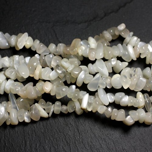 Fil 80cm 270pc env - perles pierre de lune rocailles chips 4-10mm blanc gris reflets irisés
