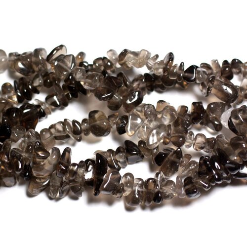 Fil 80cm 270pc env - perles pierre - quartz fumé rocailles chips 5-10mm marron gris transparent