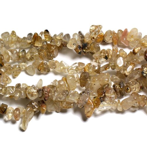 Fil 89cm 250pc env - perles de pierre - quartz rutile doré rocailles chips 5-10mm