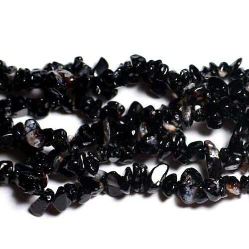 Fil 89cm 270pc env - perles de pierre - onyx noir rocailles chips 5-10mm