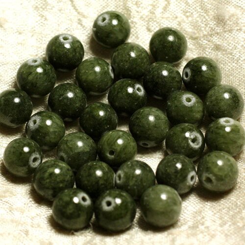 Fil 39cm 39pc env - perles de pierre - jade boules 10mm vert kaki