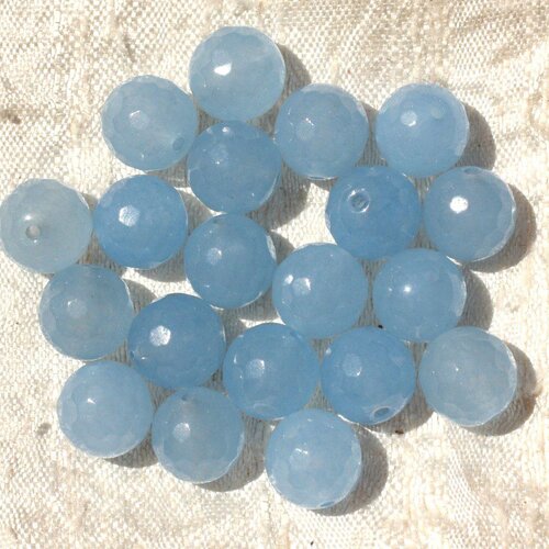 Fil 39cm 37pc env - perles de pierre - jade boules facettées 10mm bleu clair