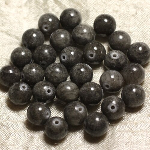 Fil 39cm 38pc environ - perles pierre - jade boules 10mm gris noir beige