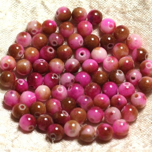 Fil 39cm 65pc env - perles de pierre - jade boules 6mm rose fuchsia marron