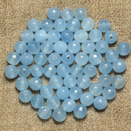 Fil 39cm 64pc env - perles de pierre - jade boules facettées 6mm bleu clair ciel