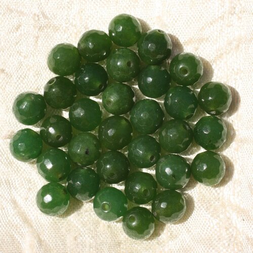 Fil 39cm 46pc env - perles de pierre - jade boules facettées 8mm vert olive
