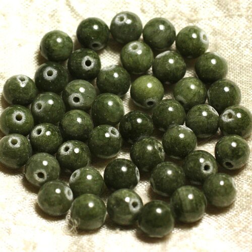 Fil 39cm 48pc environ - perles pierre - jade boules 8mm vert kaki