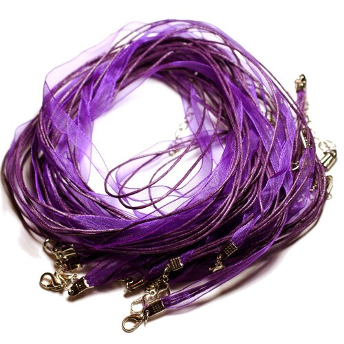 100pc - colliers tours de cou 47cm coton et tissu organza 7mm violet
