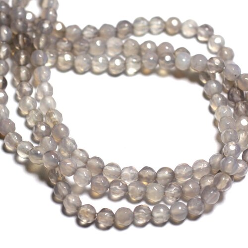 Fil 39cm 92pc env - perles de pierre - agate boules facettées 4mm gris clair
