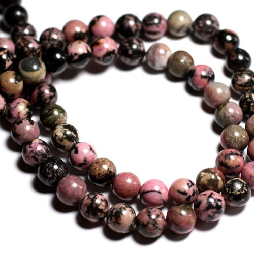 Fil 39cm 46pc env - perles de pierre - rhodonite rose et noir boules 8mm