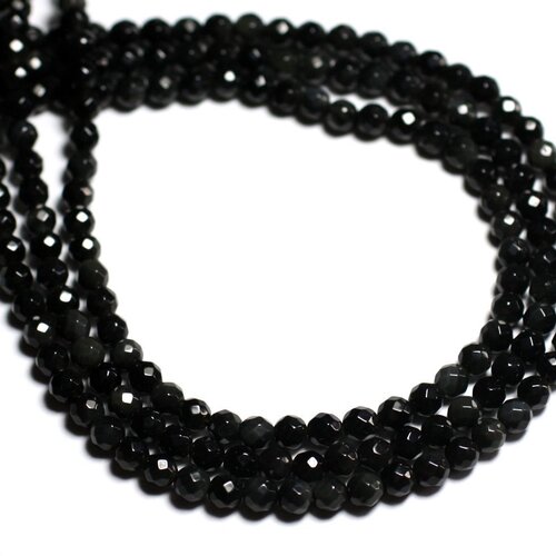 Fil 39cm 88pc env - perles de pierre - obsidienne noire arc en ciel boules facettées 4mm