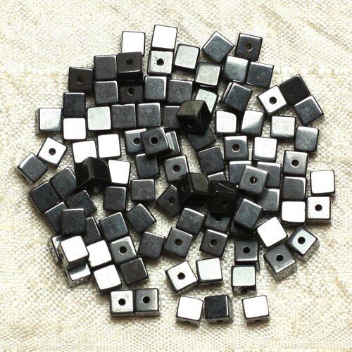 Fil 39cm 95pc environ - perles pierre - hematite cubes 4mm metal gris noir argent