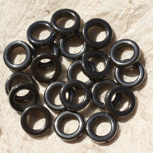 Fil 39cm 23pc env - perles pierre - hematite cercles donuts ronds 16mm gris noir metal