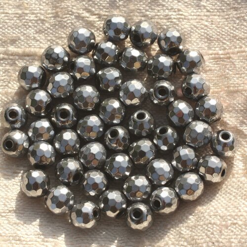 Fil 39cm 63pc env - perles de pierre - hématite argenté rhodié boules facettées 6mm