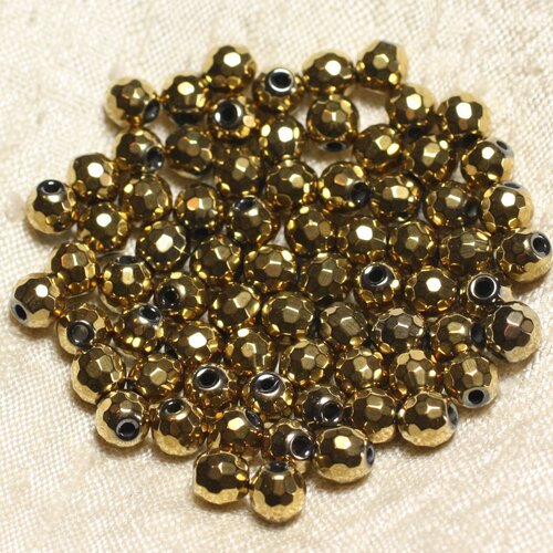 Fil 39cm 63pc env - perles de pierre - hématite dorée boules facettées 6mm