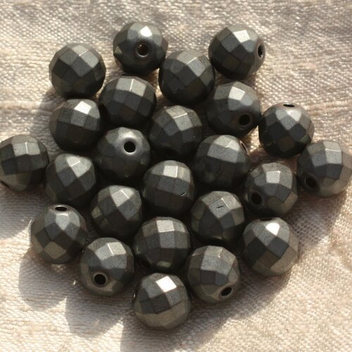 Fil 39cm 64pc env - perles pierre - hematite boules facettées 6mm gris argenté mat sablé givré