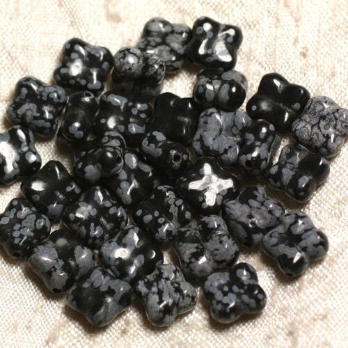 Fil 39cm 34pc env - perles de pierre - obsidienne flocon mouchetée fleur trèfle 4 feuilles 9-10mm