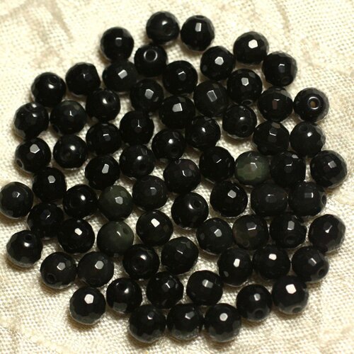 Fil 39cm 61pc env - perles de pierre - obsidienne noire arc en ciel boules facettées 6mm