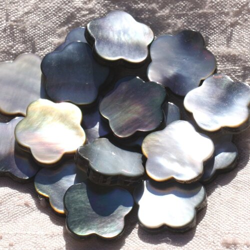 Fil 39cm 20pc env - perles nacre noire naturelle fleurs 18mm