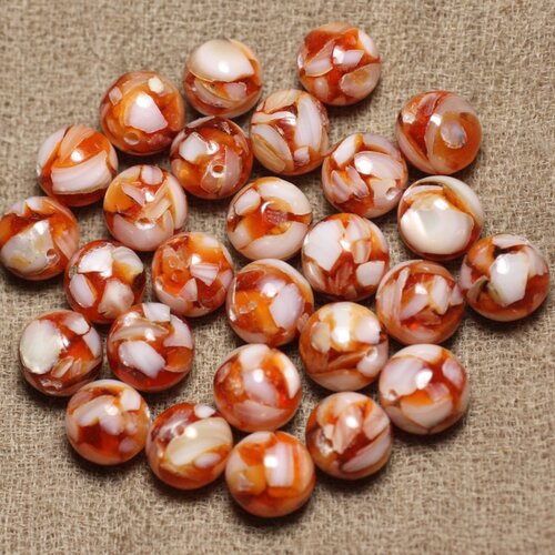 Fil 39cm 37pc env - perles nacre et résine boules 10mm orange et blanc