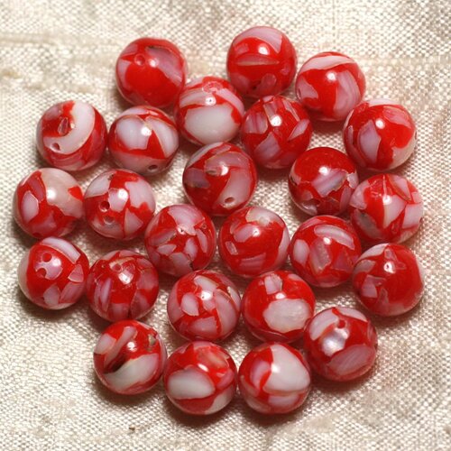 Fil 39cm 37pc env - perles nacre et résine boules 10mm rouge et blanc