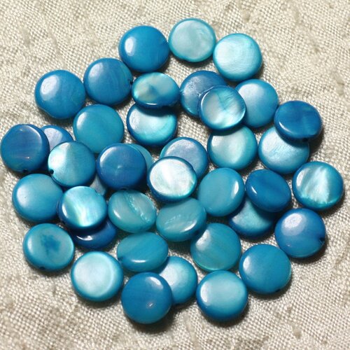 Fil 39cm 35pc env - perles nacre palets 9-10mm bleu turquoise
