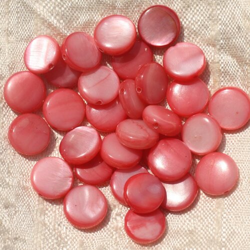 Fil 39cm 35pc env - perles nacre palets 9-10mm rouge rose corail pêche