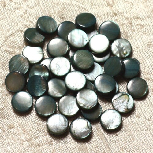 Fil 39cm 35pc env - perles nacre palets 9-10mm gris noir