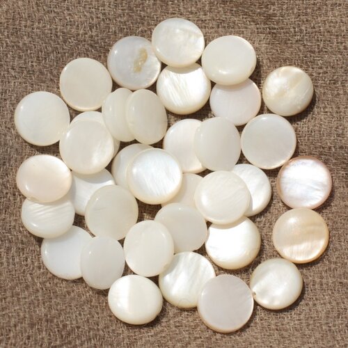 Fil 39cm 35pc env - perles nacre naturelle - ronds plats palets 9-10mm blanc irisé