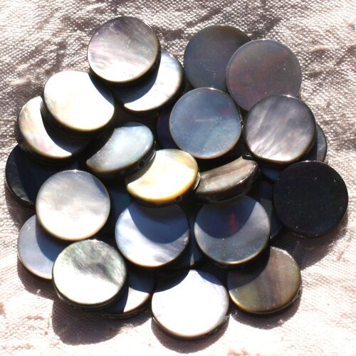 Fil 39cm 25pc env - perles nacre noire naturelle palets 15mm