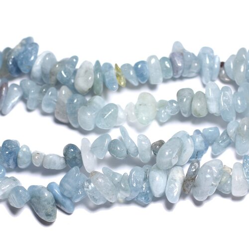 Fil 80cm 285pc env - perles pierre - aigue marine chips rocailles 4-10mm bleu clair blanc