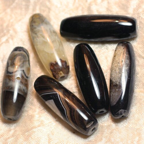 Fil 39cm 9pc env - perles de pierre - onyx noir quartz olives fuseaux 38-40mm