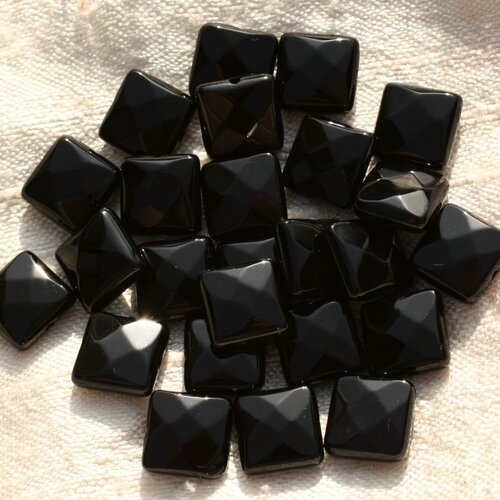 Fil 39cm 37pc env - perles de pierre - onyx noir carrés facettés 10mm