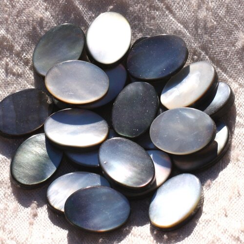 Fil 39cm 21pc environ - perles coquillage nacre naturelle ovales 18x13mm blanc gris noir irisé