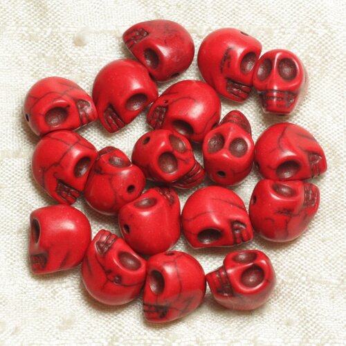 Fil 39cm 32pc environ - perles pierre turquoise synthese cranes tete de mort 12x10mm rouge vif cerise