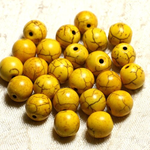Fil 39cm 37pc env - perles de pierre turquoise synthèse reconstituée boules 10mm jaune