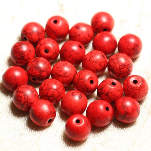 Fil 39cm 37pc env - perles de pierre turquoise synthèse reconstituée boules 10mm rouge