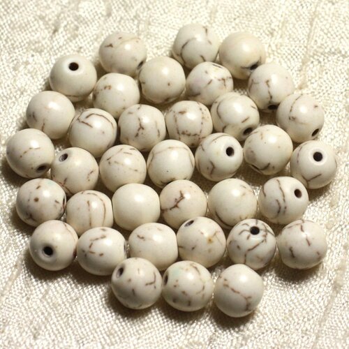 Fil 39cm 48pc env - perles de pierre turquoise synthèse reconstituée boules 8mm blanc crème