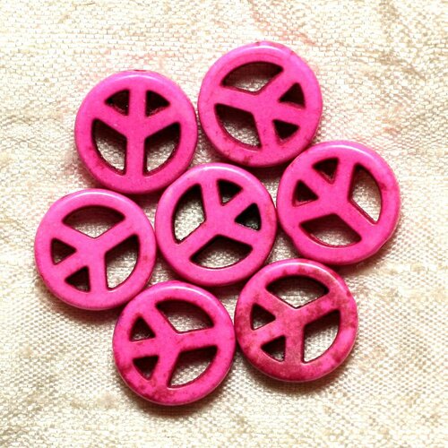 Fil 39cm 25pc env - perles pierre turquoise synthese rond rondelle cercle peace and love 15mm rose fluo