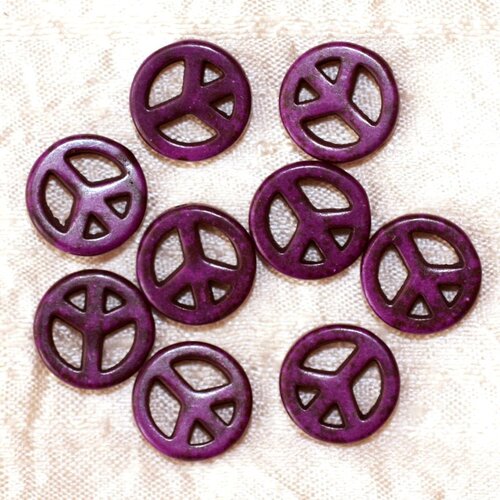 Fil 39cm 25pc env - perles pierre turquoise synthese rond rondelle cercle peace and love 15mm violet
