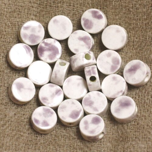 100pc - perles céramique porcelaine palets 8mm blanc violet mauve